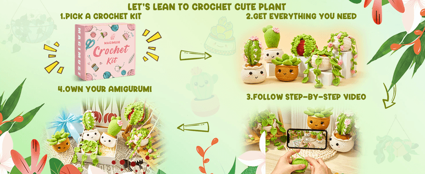 MAGIMUSE Crochet Kit for Beginners, Crochet Starter Kits, Amigurumi Craft Knitting Crocheting Kits with Step-by-Step Video Tutorials, 6 Pack Hanging Potted Plants Family(40%+ Yarn