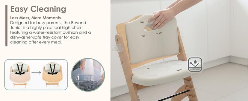 Abiie Beyond Junior Wooden High Chair for Babies and Toddlers - Convertible 3-in-1 Baby Highchair with Removable Tray - 6 Months to 250 Lb - Water Resistant - Natural Wood/Dove Grey Cushion