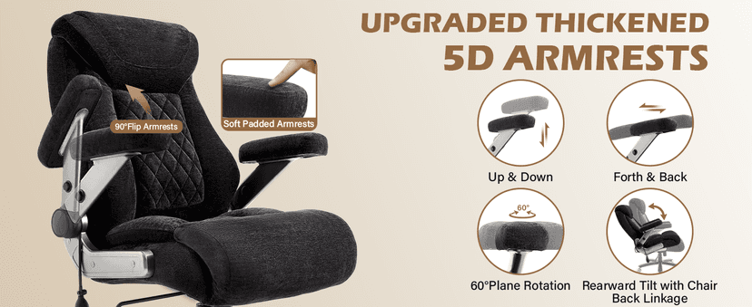 Fabric 700lbs Big and Tall Office Chair, Ergonomic Heavy Duty Executive Cloth Office Chair with 5D Flip Arms & Adjustable Lumbar Support & Dual Rubber Wheel, Large Thick Padded Extra Wide Seat, Black