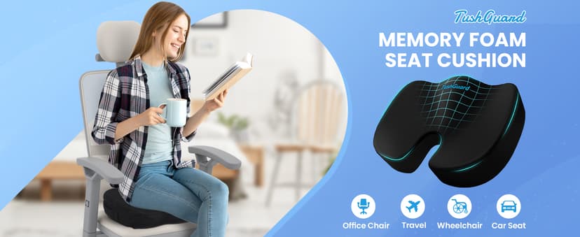 TushGuard Seat Cushion for Office Chair Memory Foam Non-Slip Cushion Back, Relief Chair Pad, Butt Pillow for Office Chair, Car, Computer Desk, Black