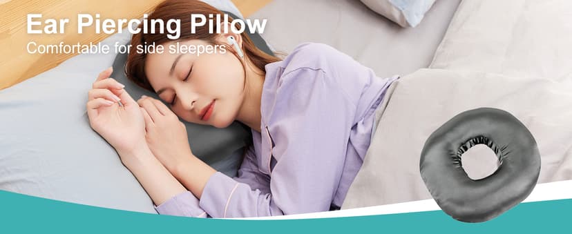Piercing Pillow for Side Sleepers with an Ear Hole, Donut Pillow for Ear Pain CNH | Pain Relief Sleeping | Pressure Sore | Satin Washable and Adjustable Ear Protector (Dark Gray)