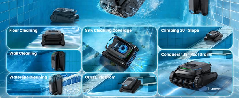 Robotic Pool Vacuum PC10, Cordless Pool Cleaner Robot for Inground & Above Ground Pools, Smart Navigation, 5000GPH Suction Power for Cleaning Floor, Wall & Waterline, Self-Parking, Black