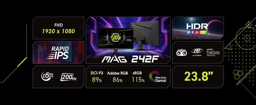 msi MAG 242F 24-inch 1920 x 1080 (FHD) Gaming Monitor, 200Hz, FreeSync Premium, HDMI, DisplayPort, VESA Mountable, Tilt, Height Adjustable, Speaker, 0.5ms, Black