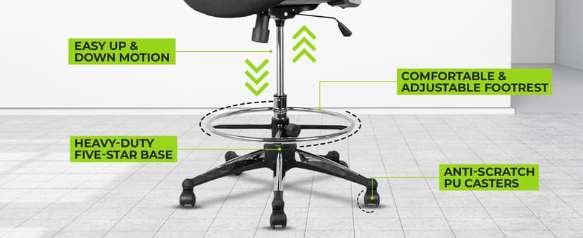 OfficeFactor 300 Lbs Tall Drafting Chair with Adjustable Foot Ring & Flip-Up Arms – Ergonomic Standing Desk Chair, Breathable Mesh Office Chair for Tall Desks, Counter Height & Reception(Black)