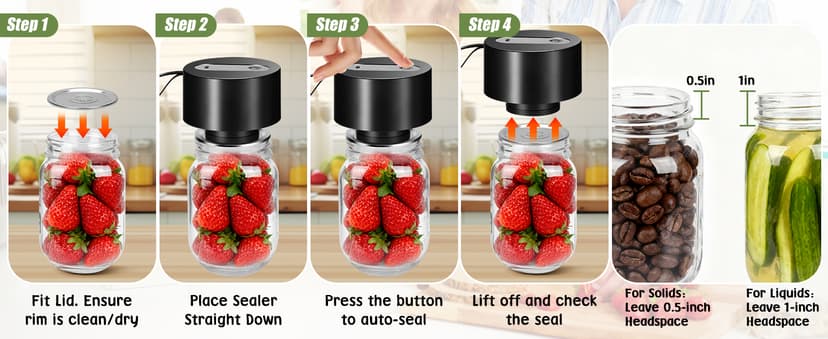 Electric Mason Jar Vacuum Sealer: Upgraded 3-in-1 Portable Vacuum Sealer Kit - for Mason Jars Vacuum Seal Bags & Containers - Ideal for Jams Pickles Dry Foods Grains Black