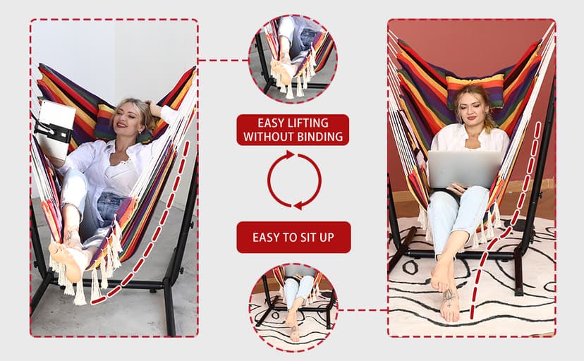ZEYU Hammock Chair with Stand Double Hammock Chair Bohemian Style with Tassel Mobile Phone Support Manual Adjustable Swing Indoor and Outdoor Garden Porch with Floor mat Reclining Capacity 400 pounds