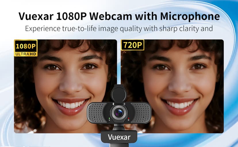 Vuexar Full HD 1080P Webcam with Microphone, Noise-Canceling, Privacy Cover, Wide-Angle Lens, Auto Light Correction, Plug & Play USB Web Camera for Laptop, Desktop, PC, Mac, Zoom, Skype – Pro Series