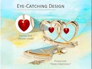 Matashi 24K Gold Plated "Happy Anniversary" Double Heart Table Top Ornament With Red-Cut Crystals