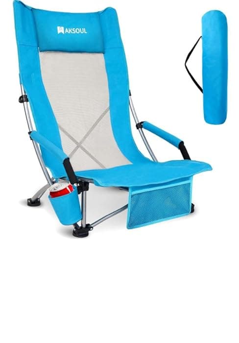 AKSOUL Folding Beach Chair for Adults: Low/High Back Chairs with Carry Bag - Extra Wide Seat Chair with Comfortable Pillow & Storage Pocket (1 Pack & 2 Pack, Blue)