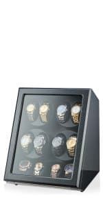 TIMECUBE 12 Watch Winder with 6 Storage Slots, LED Light and Automatic Motor-Stop (Carbon)