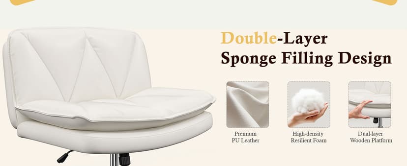 DurayLoly Criss Cross Chair with Wheels, Cross Legged Office Chair, Armless Wide Vanity Desk Chair with 2 Layer Scratch-Resistant Pu Leather Swivel for Home Office Bedroom,Beige