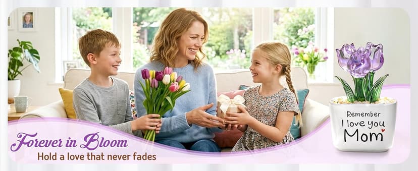 Remember I Love You Mom - Mom Birthday Gifts for Mothers - Collectible Flower Figurine Birthday Gifts for Mom from Daughter Son - Mini Purple Glass Tulip B0GTLL16WJ
