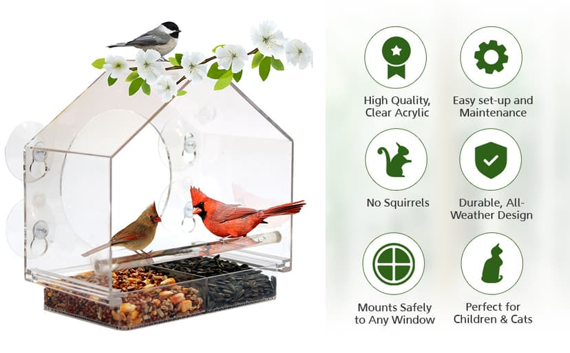 Nature Anywhere Window Bird Feeder - Transparent Acrylic Bird Feeders for Outdoors - Enhanced Suction Grip, Bird Watching for Cats, Easy-to-Clean, Outdoor Birdhouse Feeder (1 Unit)