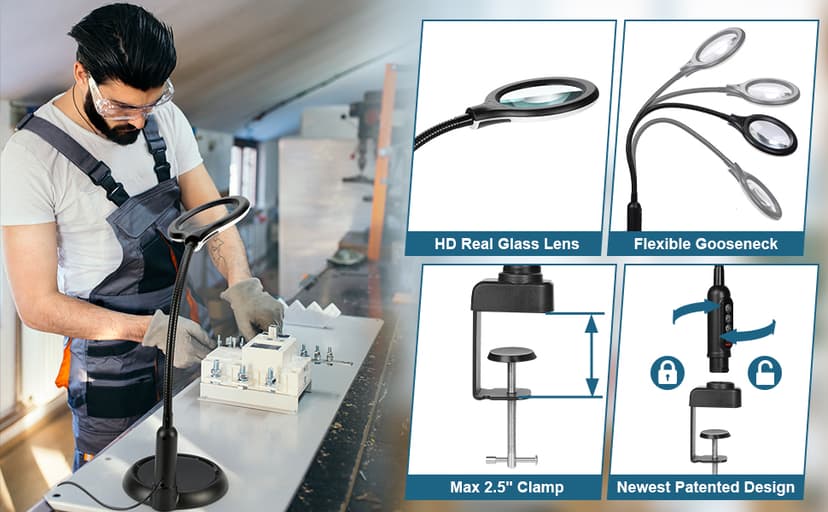 12X Magnifying Glass with Light and Stand, Real Glass, LED 5 Color Modes, Brightness Stepless Dimming Lighted Magnifier Hands Free with Flexible Gooseneck Desk Clamp Lamp for Close Work, Craft, Hobby B0DC3KH6XY