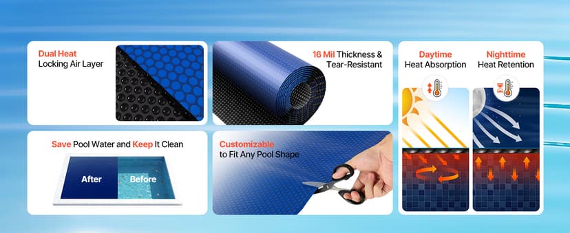 VEVOR Solar Pool Cover, 32 x 16 ft Pool Bubble Cover, 16 Mil Pools Solar Blanket with Dual Heat-Locking Air Layer for Pools, Daytime Heat Absorption, Nighttime Heat Retention, Blue & Silver, Cuttable