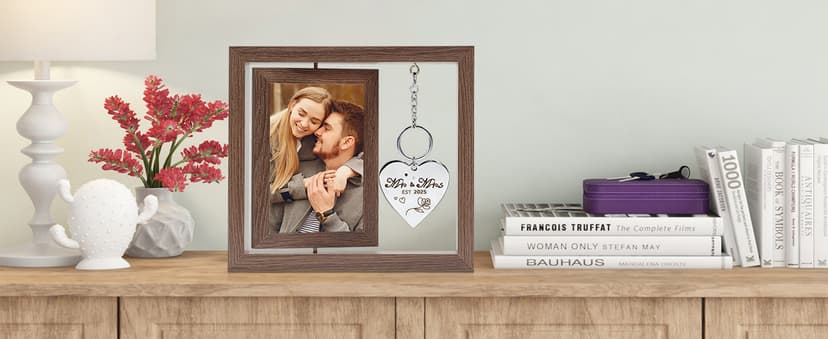 Wedding Gifts for Couples 2025,Rotating Floating Mr and Mrs Picture Frame,4x6 Rustic Picture Frame Engagement Gifts for Couples,Bridal Shower Gift for Bride to Be