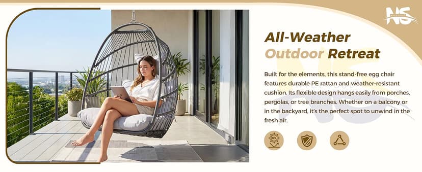 Nicesoul Outdoor Hanging Egg Chair Without Stand, Patio Wicker Swing Egg Basket Chairs with Padded Cushion, 350 Lbs Comfy Cozy Ceiling Tree Swinging Egg-Shaped Chair No Stand for Indoor Balcony, Beige