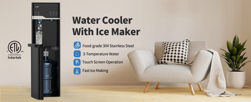 IKT Hot and Cold Water Cooler Built in Ice Maker Bottom Loading 5 Gallon, Bullet Ice 22lbs Per Day, LED Display, for Home or Office Black