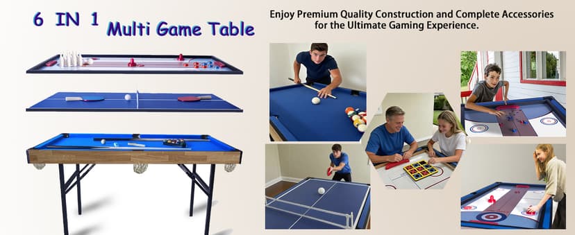 6 in 1 Multi Game Table Folding Pool Table, Billiard, Hockey, Table Tennis, Bowling, Shuffle Board and Tic Tac Toe with All Accessories