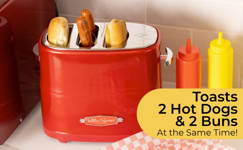 Nostalgia HDT600RETRORED Retro Pop-Up 2 Hot Dog & Bun Toaster, with Mini Tongs, Works with Chicken, Turkey, Veggie Links, sausages & Brats B005Q8X6IO