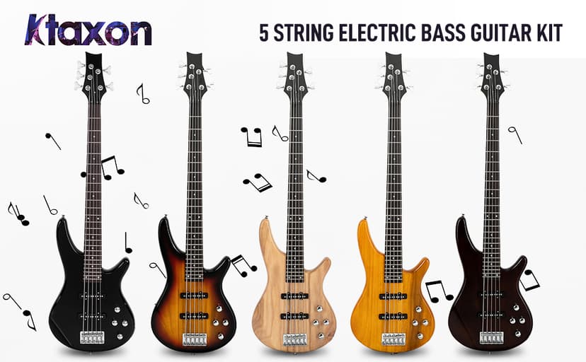 Ktaxon 5 String Electric Bass Guitar, Full Size Standard Right Handed Rosewood Fretboard Bass Kit with Gig Bag Strap Cable Wrench Tool (Yellow)