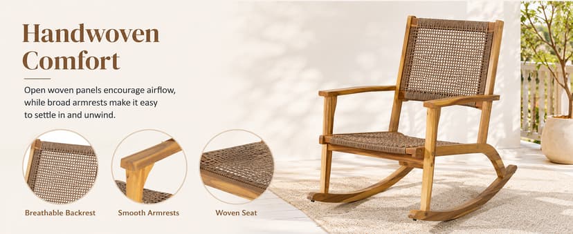Acacia Wood Outdoor Rocking Chair Set of 2, Natural Wicker Outdoor Rockers with Wicker Rattan Seat & Backrest, 400 lbs Capacity Heavy Duty Rocker for Garden, Backyard & Balcony (Natural)
