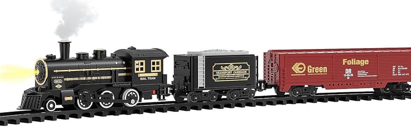 TEMI Steam Train Toy Set for Boys 3 4 5 6 7 Years, with Sounds & Light, Electric Classical Engine Locomotive for Kids, Rechargeable Model Train Kit for Christmas Tree, Cargo Car Railway Tracks