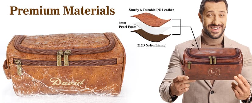 Personalized Leather Toiletry Bag for Men–Custom with Name & Initials,Perfect for Shaving and Travel Storage,Gift for Men– Anniversary, Birthday or Groomsmen Gifts - Brown