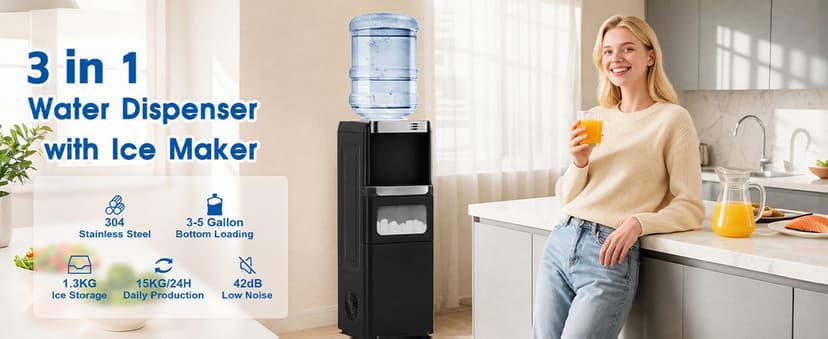 4 in 1 Water Cooler Dispenser with Ice Maker, Hot & Cold Water Dispenser for Home & Office, 33lbs/24H Bullet Ice, Top Loading 3-5 Gallon, Child Safety Lock, Ice Ready in 7 Mins (Black)
