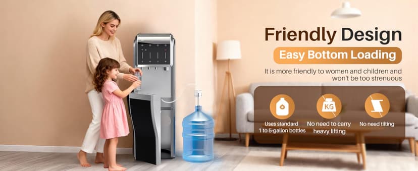 EXCELPURE 5-in-1 Bottom Loading Water Dispenser with Ice Maker, 3 Temperatures Settings - Hot, Cold and Room Water Cooler for 5 Gallon Bottle, Child Safety Lock, 35lbs/24H, WiFi, Stainless Steel