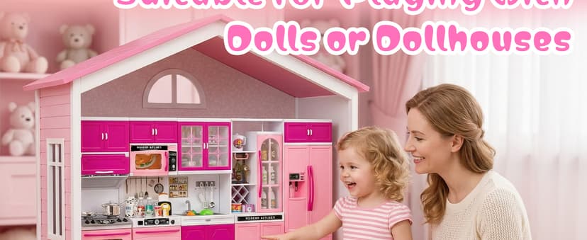 5 in 1 Kids Kitchen Playset Toys with Light & Sound, Doll House Furniture Accessories, 64 PCS Pretend Cooking Food Set, Play Kitchen for Toddlers, Gifts for Girl Ages 3-5 Year Old