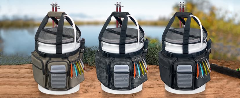 WTVIDAS Fishing Bucket Organizer with Bucket Cover, Ice Fishing Tackle Bag with Rod & Plier Holder, Multi-Pockets for 5 Gallon Bucket Fishing Gear & Accessories