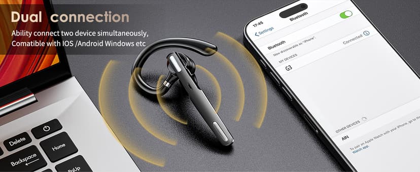 ICOMTOFIT Bluetooth Headset, Wireless Bluetooth Earpiece V5.0 Hands-Free Earphones with Built-in Mic for Driving/Business/Office, Compatible with iPhone and Android (Gray)