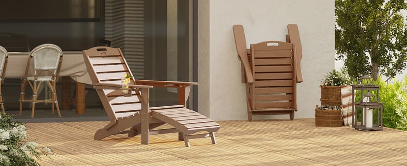 Ciokea Folding Adirondack Chair with Retractable Ottoman Fire Pit Patio Chair with Pull Out Foot Rest Weather Resistant Lawn Outdoor Lounge Chair with 2 Cup Holder (Grey)