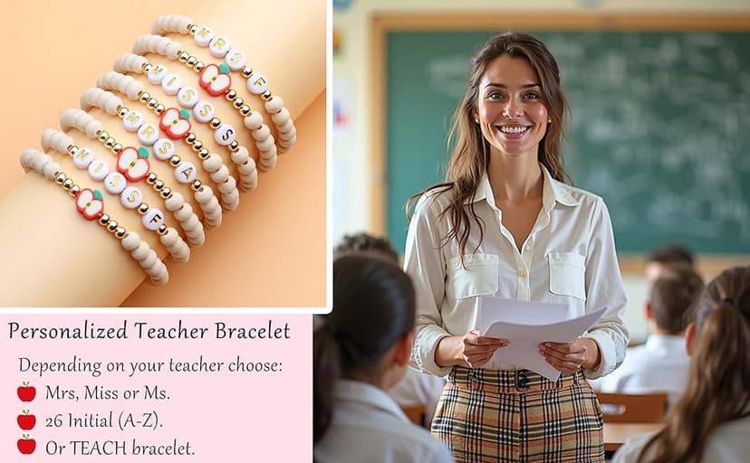 Personalized Teacher Bracelet for Women, 2 Pcs Initial Mrs Miss Ms Teacher Appreciation Gifts With Card From Student Friends, Thank You TEACH Gift for Women
