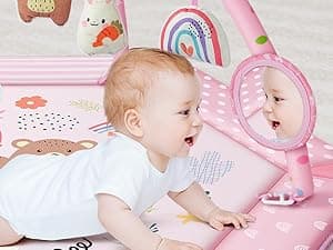 Baby Gym Play Mat, 8-in-1 Tummy Time Mat & Ball Pit with 6 Toys, Washable Baby Activity Mat for Visual, Hearing, Sensory, Motor Development, Babies Gift for Newborn Infant 0-3-6-9-12 Months (Pink)