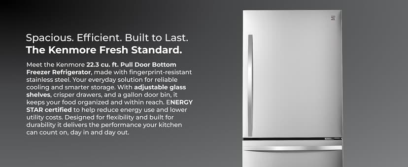 Kenmore 31" Bottom Freezer Refrigerator - Ice Maker, Adjustable Shelving, Crispers Drawers, LED Lighting, ENERGY STAR Certified, 22.3 cu. ft. Capacity, Fingerprint Resistant Stainless Steel