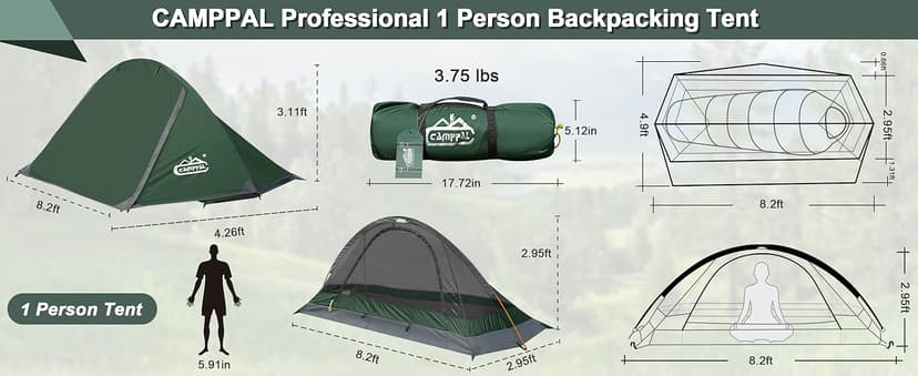 camppal 1 Person Tent for Camping Hiking Mountain Hunting Backpacking Tents 4 Season Resistance to Windproof Rainproof and Waterproof