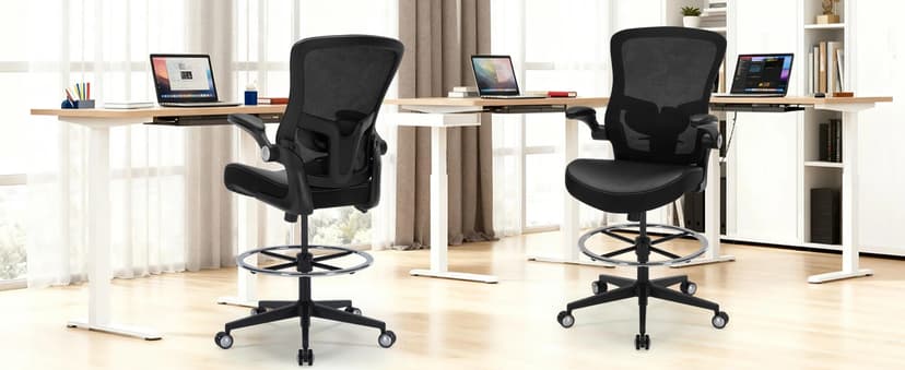 Drafting Chair 400lbs Heavy Duty Tall Office Chair Big and Tall Ergonomic Standing Desk Chair with Lumbar Support and Adjustable Footrest Ring, Comfy Mesh Wide Chair with Flip-up Armrests, Black