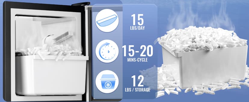 Under Counter Crescent Ice Maker Machine, 15'' W Drainless Built-in Ice Maker, 15 LBS/Day with 12 LBS Storage Bin, Perfect for Commercial Home Bar, No Drain