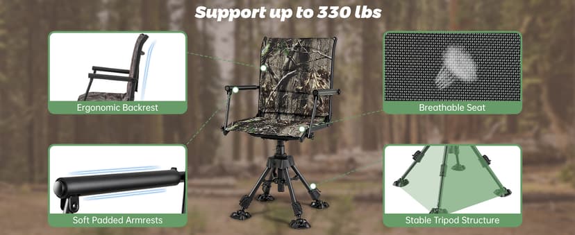 Tangkula Hunting Chair, 360 Degree Silent Swivel Blind Chair with 4 Adjustable Legs, Foot Pads & Armrests, Portable Folding Hunting Chairs for Blinds, Fishing, Camping