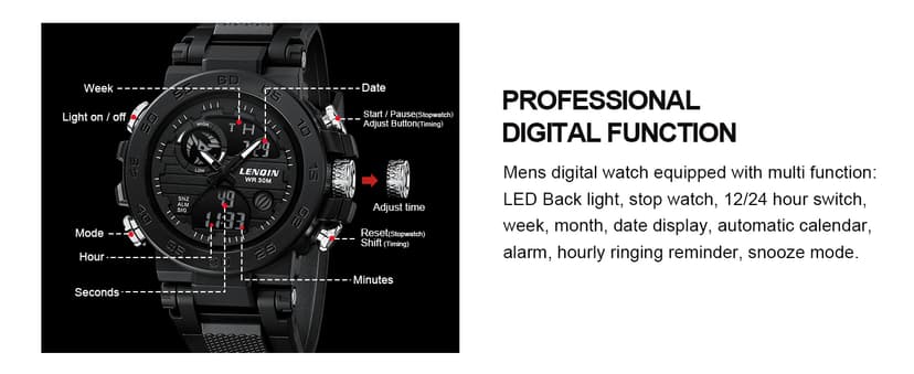 LN LENQIN Mens Watches Digital Military Watch for Men Stopwatch Army Survival Tactical Sports Outdoor Big Face Waterproof Men's Wrist Watches with LED Backlight/Timer/Alarm/Date