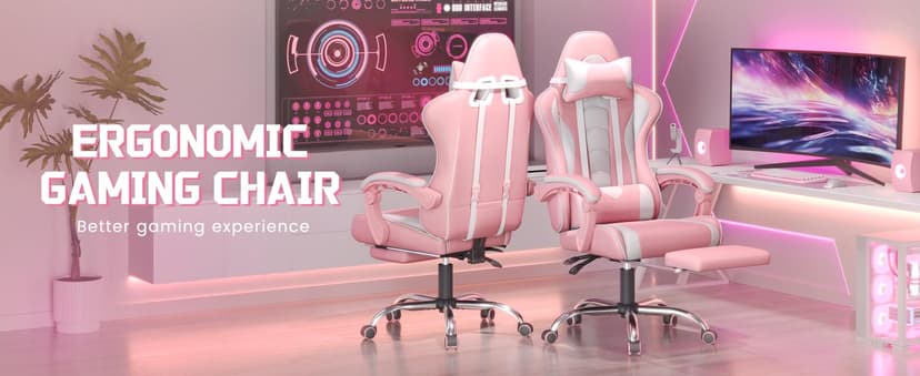 Yaheetech Gaming Chair, Video Game Chair with Massage Lumbar Support and Footrest Height Adjustable Ergonomic Computer Chair with Swivel Seat and Headrest, Pink/White