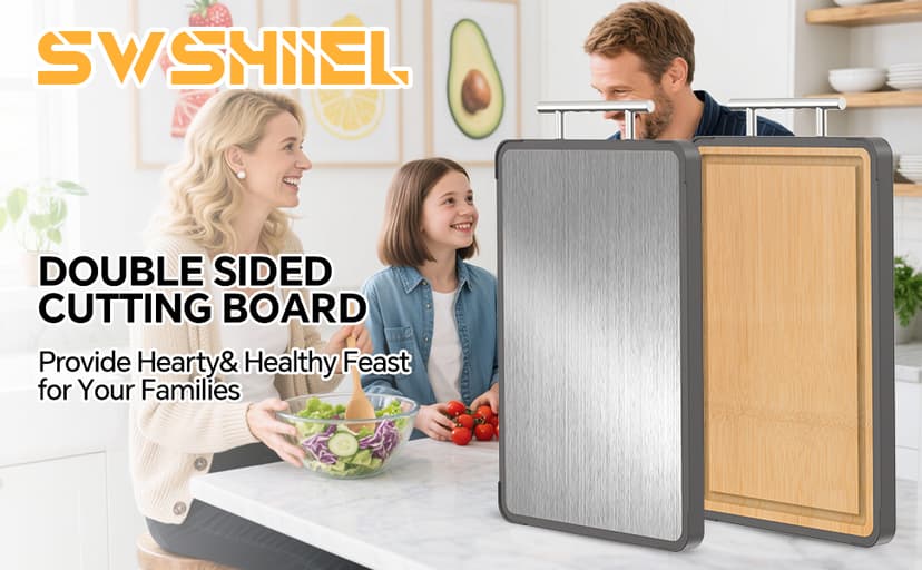 Cutting Boards for Kitchen - Food Grade Double Sided Pure Titanium& Bamboo Chopping Board with Handle, Slip resistant Non-toxic Charcuterie Board Housewarming Gifts (16×11)