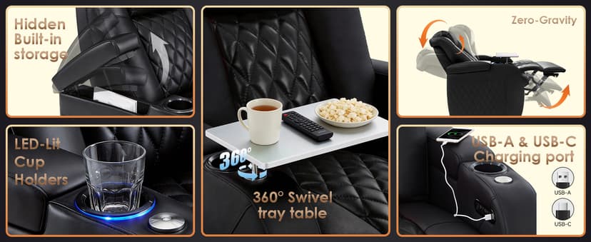 PBRO Home Theater Seating Top Grain Leather Recliner Chair, Movie Theater Chair Sofa with Power Reclining & Headrest USB Charger Ports Ambient Lighting, Black Single Seat for Home