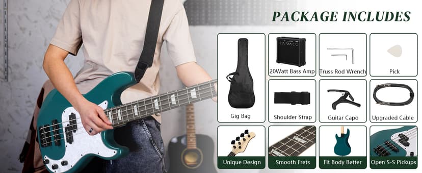Ktaxon 4 String Electric Bass Guitar, PB-Style Full Size Standard Right Handed Beginner Kit with 20W AMP, Gig Bag, Strap, Upgrade Cable, Guitar Capo for Youths & Adults (Lake Blue)