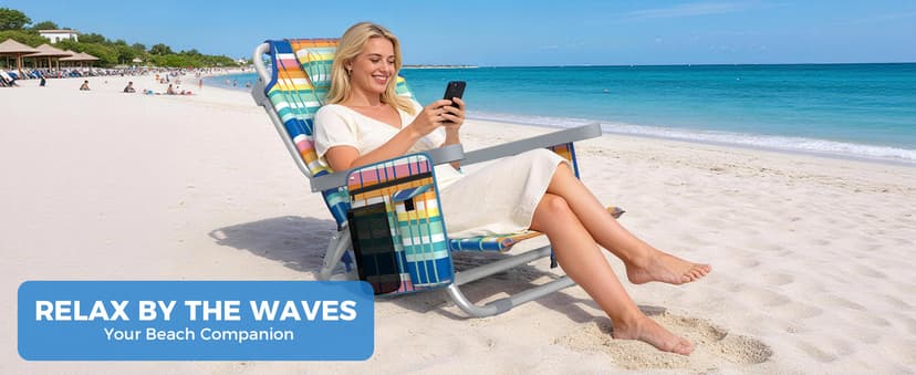 5-Position Backpack Beach Chair for Adults with Lumbar, Foldable Tall Heavy-Duty Beach Chairs with Cooler Bag,Cup Holder,Towel Rack for Beach, Camping, Outdoor (1, Rainbow)