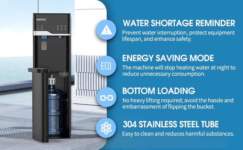 Self-Cleaning Water Dispenser with Ice Maker, Bottom Loading Hot & Cold Water Cooler for 3 or 5 Gallon Bottle - Child Safety Lock & Nightlight - Water Machine for Home, Office, Black