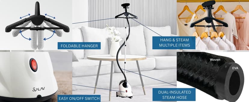 SALAV GS18-DJ Standing Garment Steamer with Roll Wheels for Easy Movement, 1.8L Water Tank for 1 Hour Continuous Steaming, Adjustable Pole for Storage, Includes Descaler Packet, 1500 watts