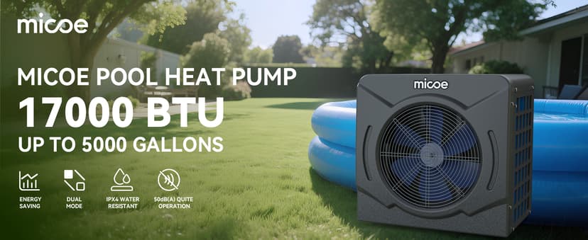 MICOE 17000 BTU Energy Efficient Electric Pool Heat Pump for Above Ground Pools Up to 15ft (8/11/15ft) & 5,000 Gallons, Swimming Pool Heater with Easy Install Kit,110V/120V